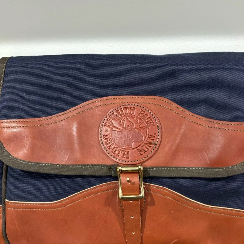 Duluth Pack Field Satchel Blue Canvas Brown Leather Trim Messenger Crossbody